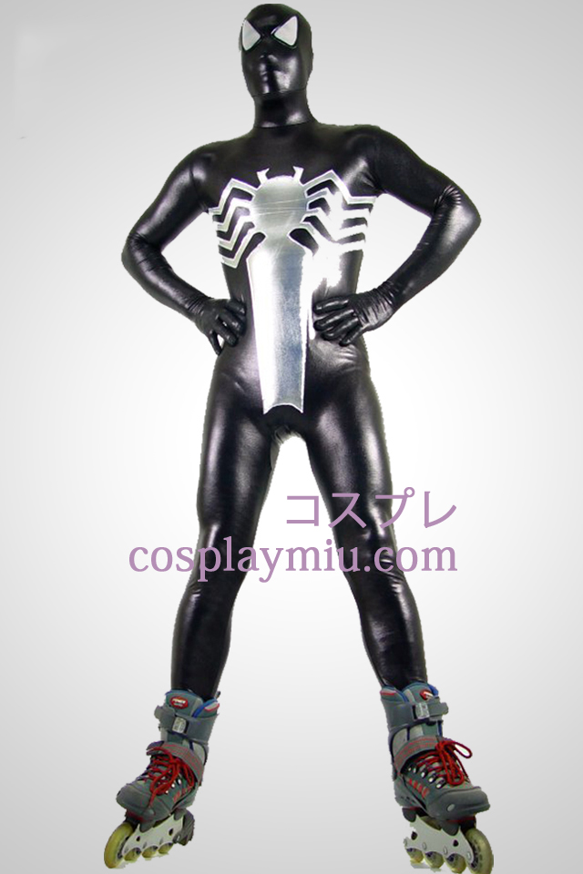 Sort og sølv Spiderman skinnende metallisk Superhero Zentai Suit