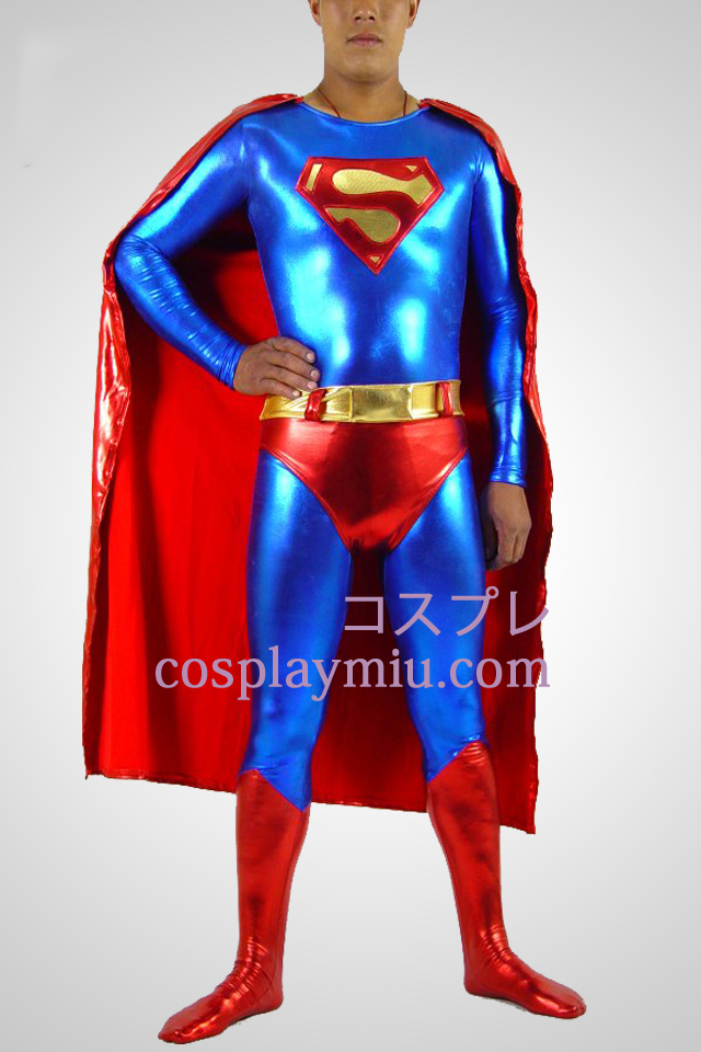 Blå og røde Superman skinnende metallisk Superhero Catsuit