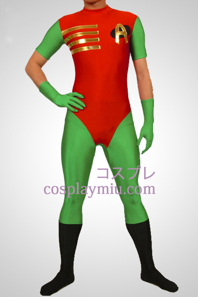 Rød og grønn Robin Hood Lycra Spandex Superhero Zentai Suit