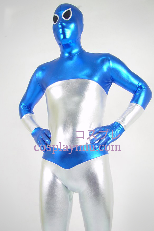 Blå og sølv skinnende metallisk Zentai Suit
