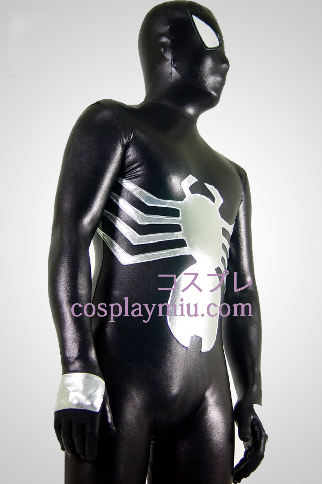 Sort og sølv skinnende metallisk Spiderman Superhero Zentai