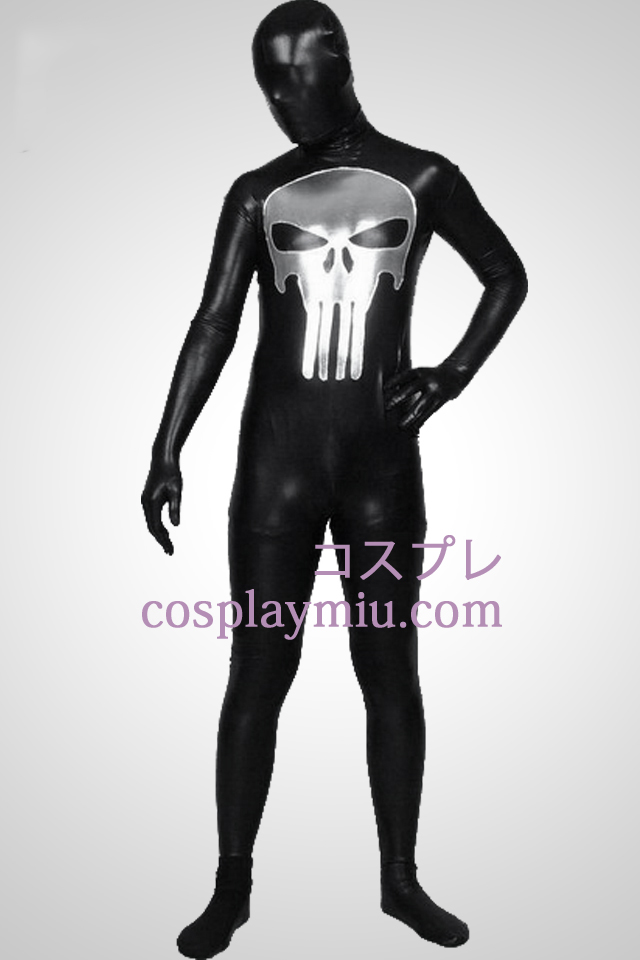 Svart skinnende metallisk Punisher mønster Zentai Suit