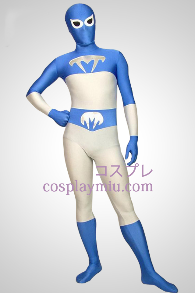 Hvit og blå Lycra Full Body Superhero Zentai Suit