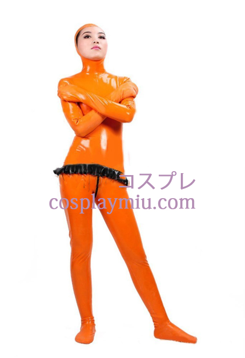 Orange Full Body Dekket Latex Catsuit med Open Face