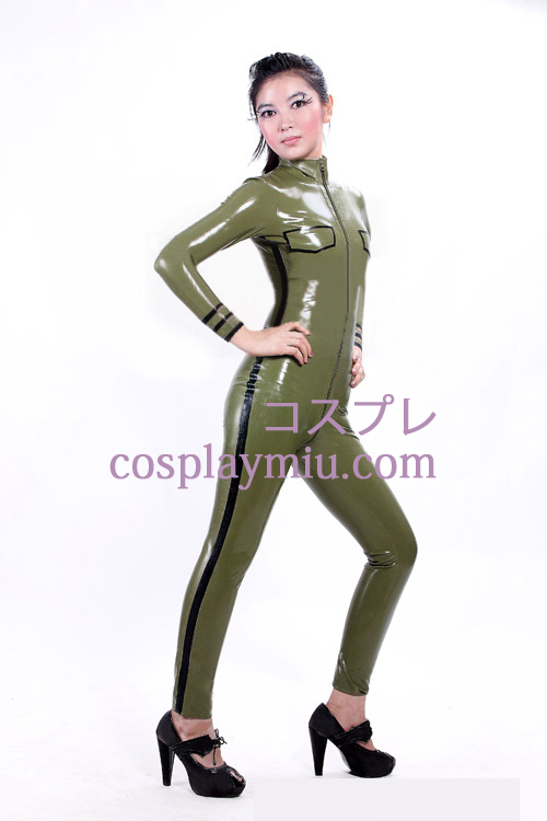 Army Green Sexy Front Åpen skinnende metallisk catsuit