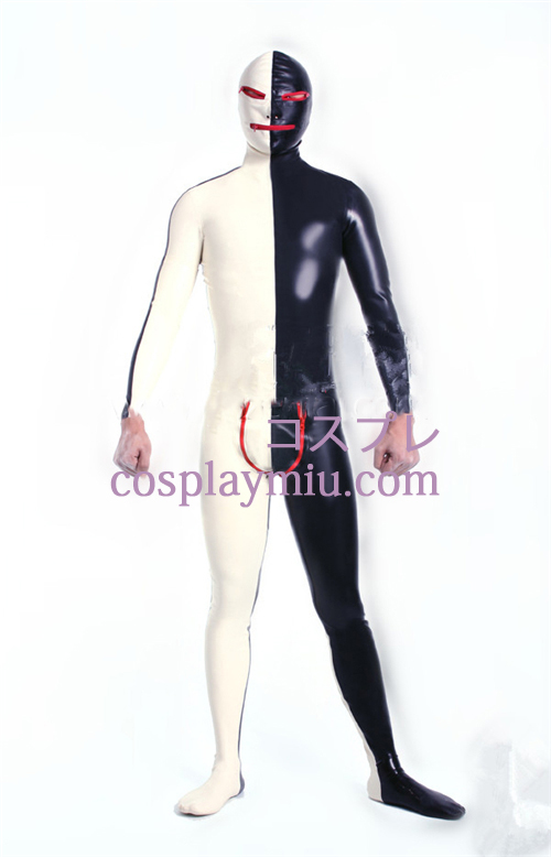 Black White Lycra Spandex Zentai Suit med åpne øyne og munn