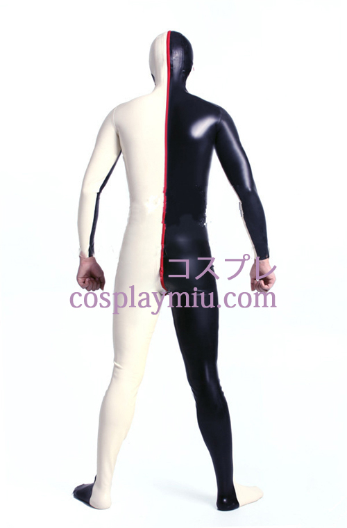Black White Lycra Spandex Zentai Suit med åpne øyne og munn