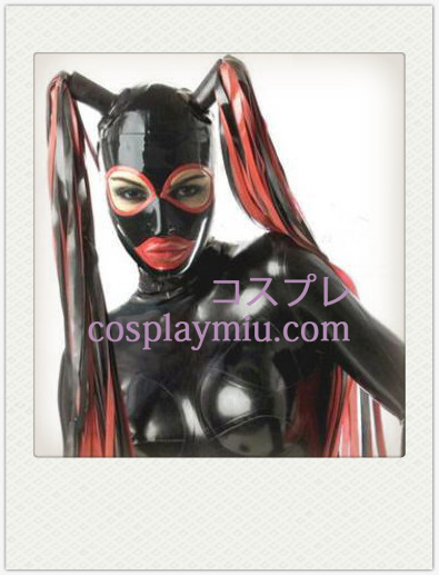 Shiny Svart Kvinne Double Tailed Latex maske med åpne øyne og munn