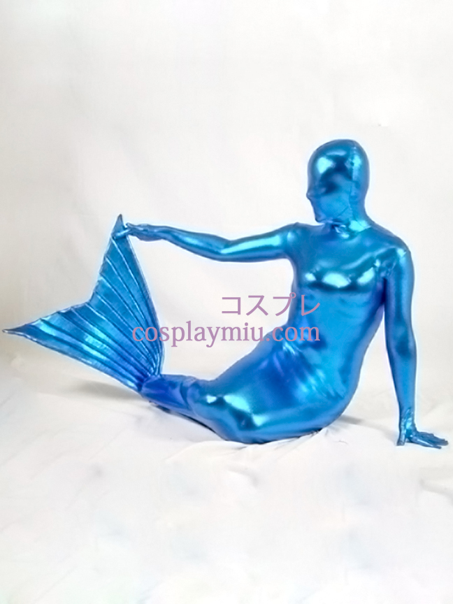 Blå skinnende metallisk Mermaid Zentai Suit