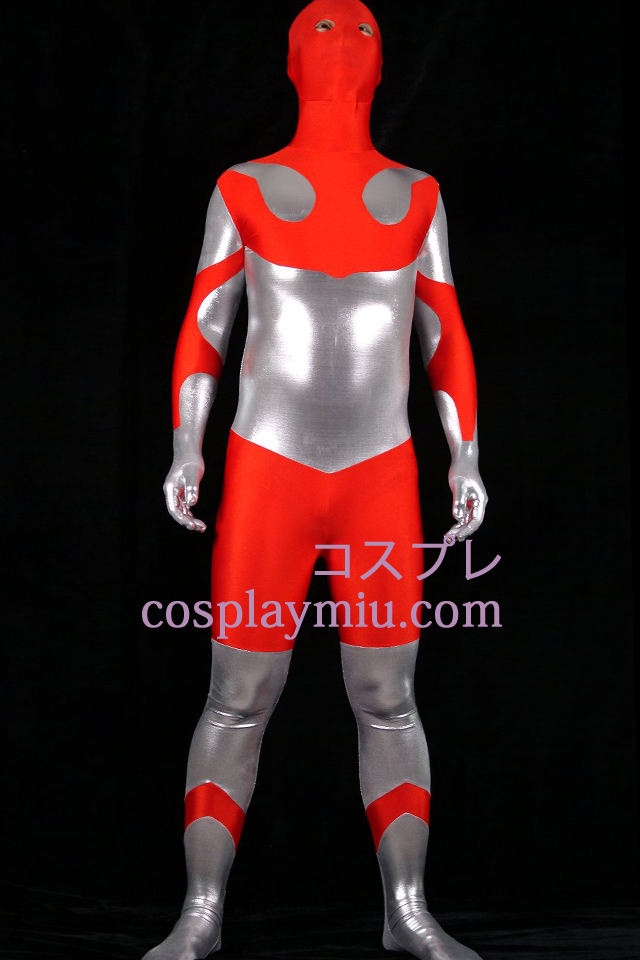 Red Lycra Spandex Og Silver skinnende metallisk Unisex Zentai Suit