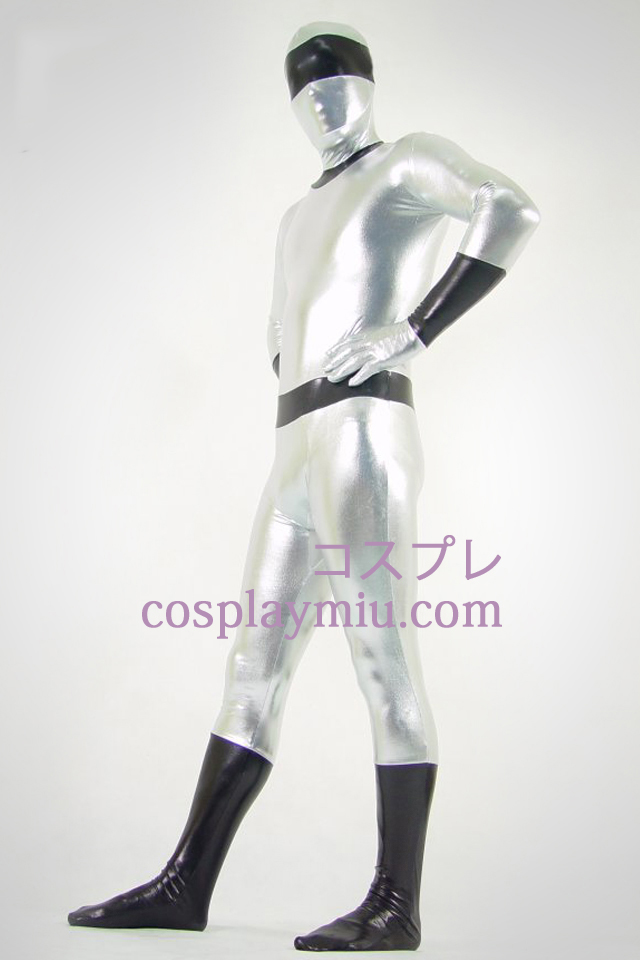 Sølv og svart skinnende metallisk Zentai Suit