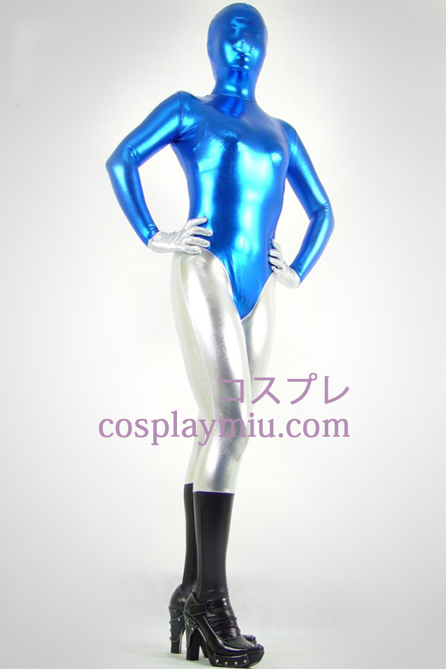 Svart blå og sølv skinnende metallisk Zentai Suit