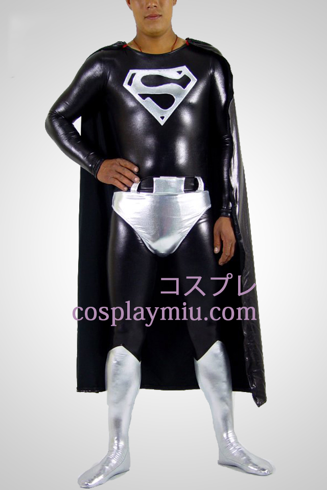 Black And Silver Superman skinnende metallisk Superhero Zentai